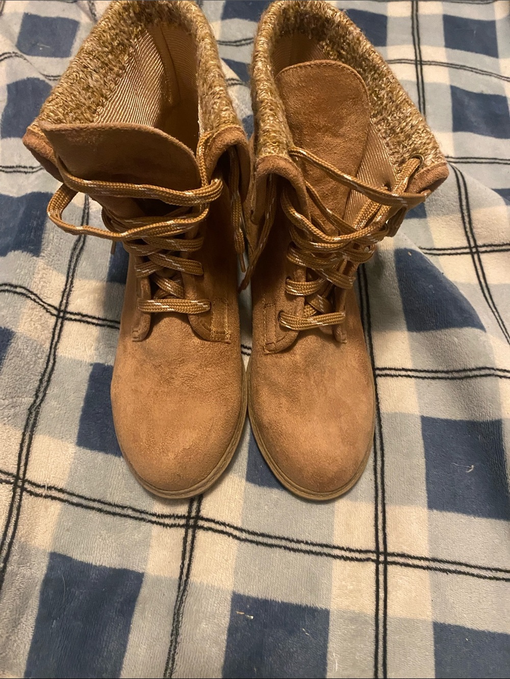 Natural Reflections Tan Lace-Up Suede Ankle Boots with Knit Collar